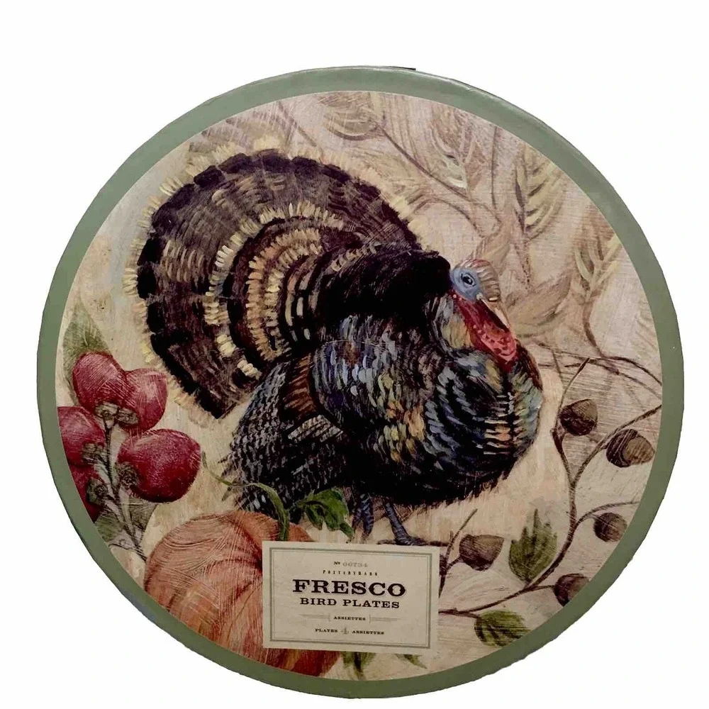 Pottery Barn Fresco Birds Turkey Thanksgivings‎ Salad Dessert Plates Set OF 4